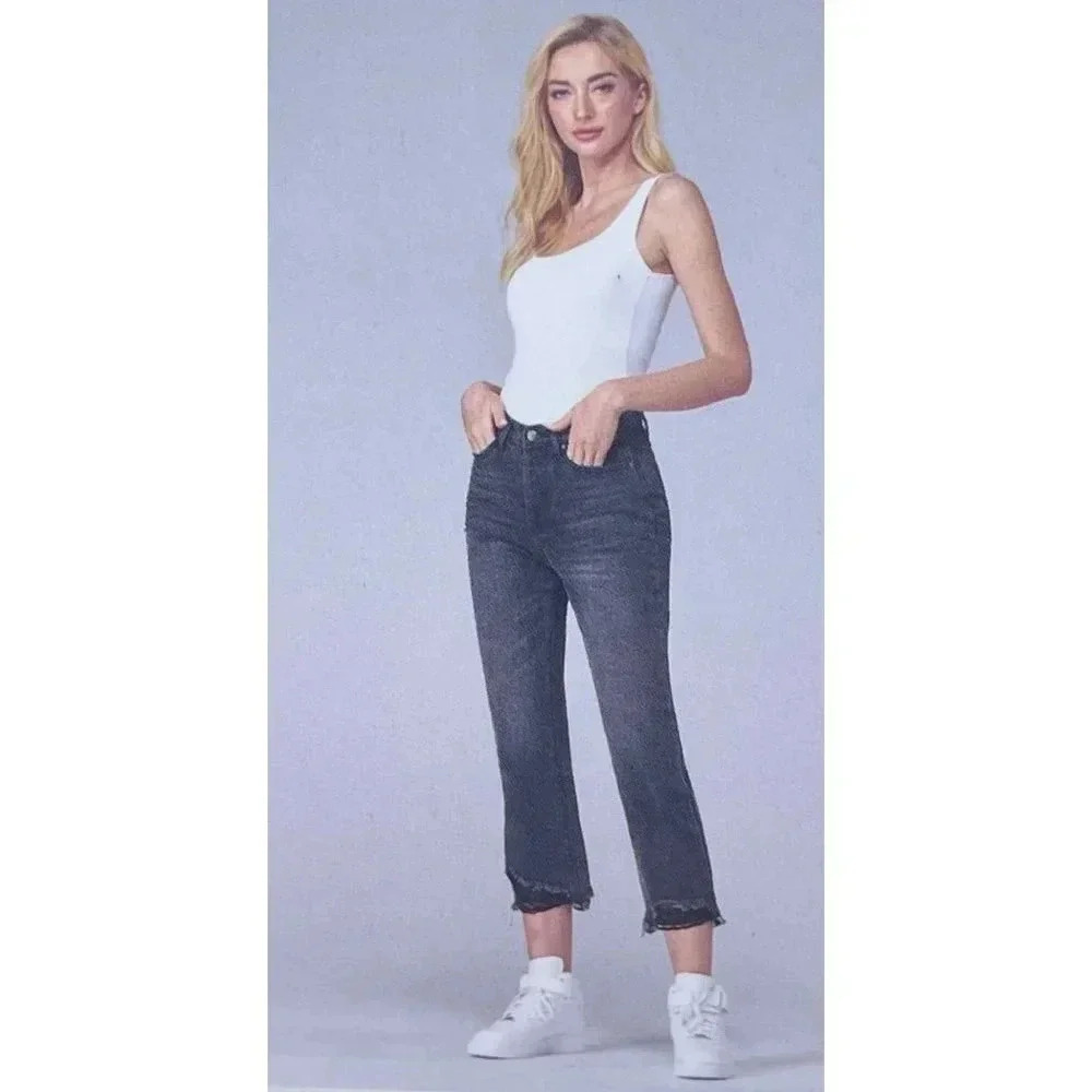 NWT Simply Society Womens Straight Super High Rise Distressed Jeans Black 5/27